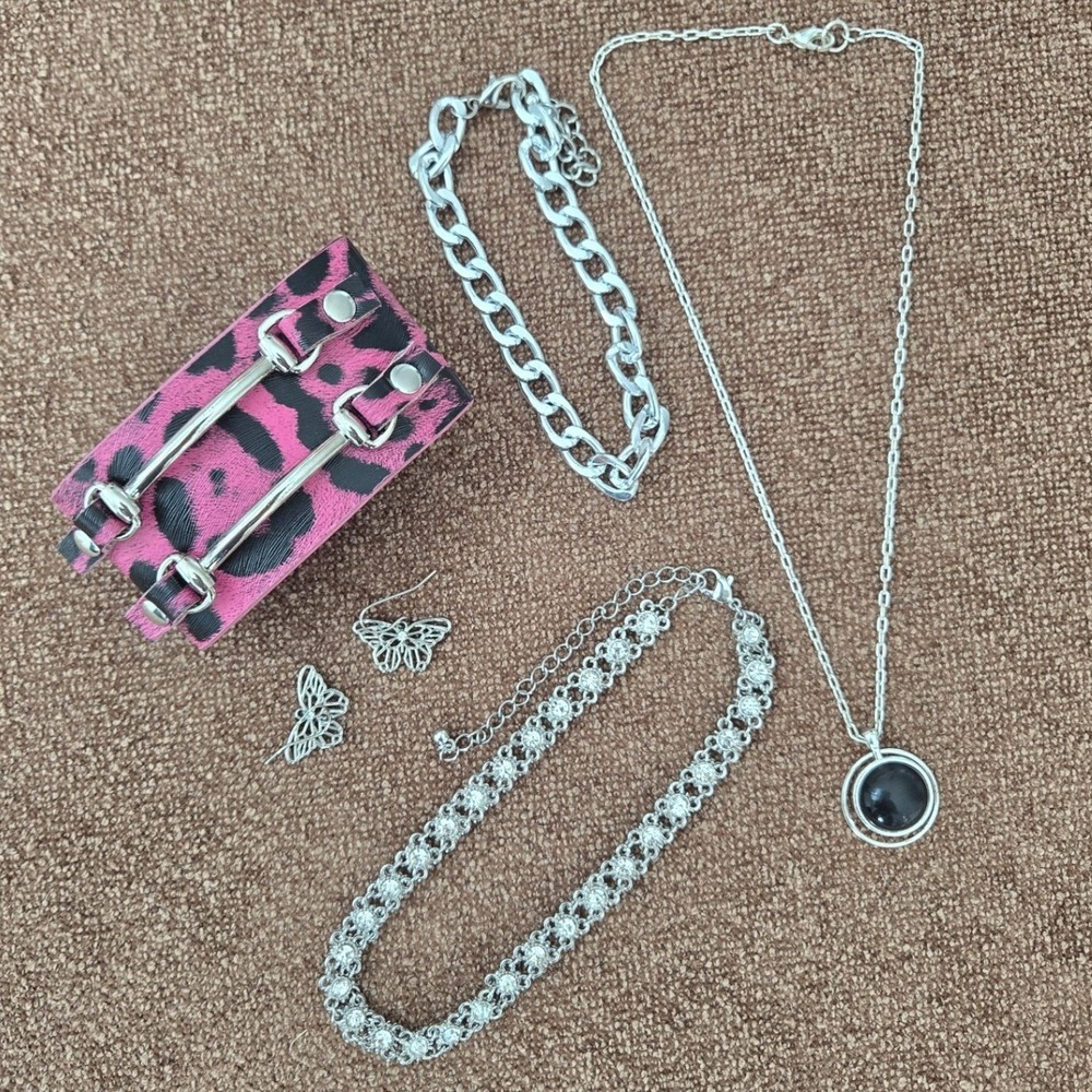BUNDLE Goth Punk Y2K Jewelry Pendant Necklace Silver Butterfly Earrings Bracelet